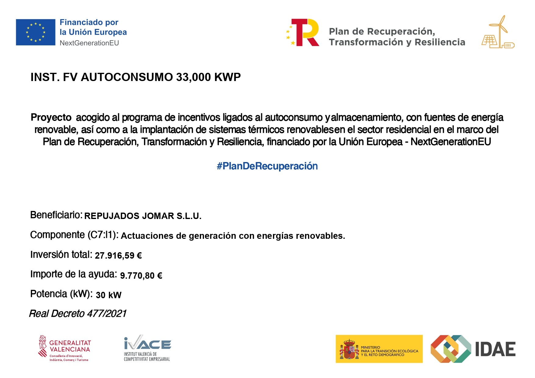 Proyecto de autoconsumo financiado por los fondos NextGenerationEU